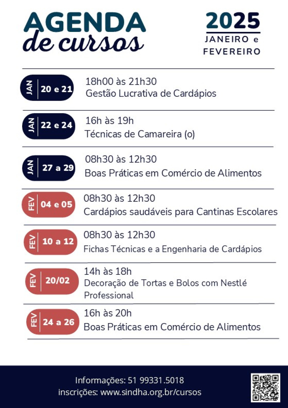 Cursos de Qualificação Sindha. Agenda Janeiro e Fevereiro/2025