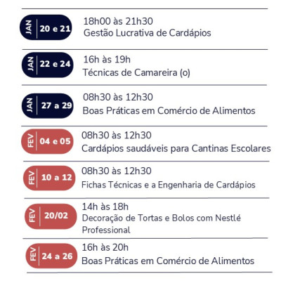 Cursos de Qualificação Sindha. Agenda Janeiro e Fevereiro/2025