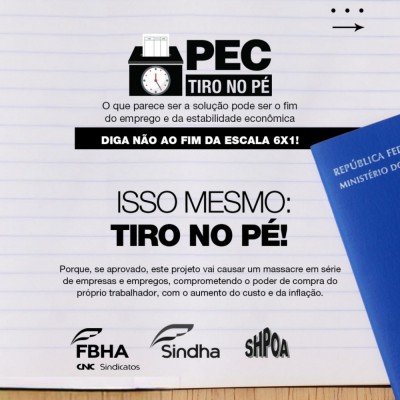 SINDHA e SHPOA são contra PEC que propõe redução da jornada de trabalho