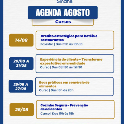 Confira a agenda de cursos e eventos do SINDHA para Agosto!