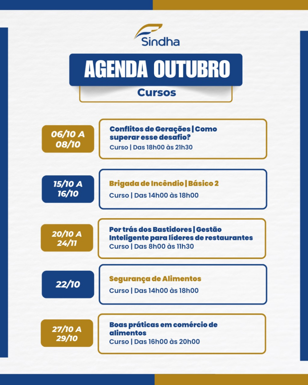 Confira a agenda de cursos e eventos do SINDHA para Outubro