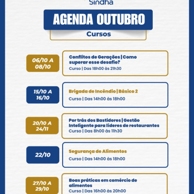 Confira a agenda de cursos e eventos do SINDHA para Outubro